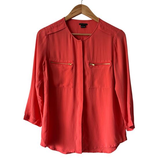 Theory Shirt Womens Medium Peach 100% Silk Henley Button Career Business Work - Picture 2 of 8